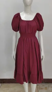 Burgundy square neck short sleeve smocked waist midi dress detail, elegant A-line ruffle hem style.