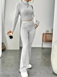 Grey ribbed knit crop top and flared pants set for women cozy stylish apparel detail view