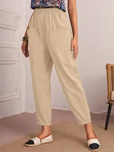 Women cotton casual cropped pants elastic waist slant pockets ankle length beige trousers.