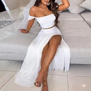 White off-shoulder crop top and high split long skirt set detail view for summer.