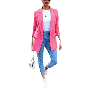 Women pink notch lapel long sleeve casual blazer jacket fashion elegant stylish outerwear