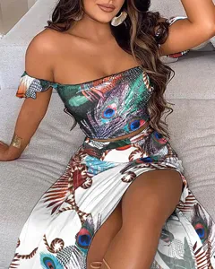 Women summer bohemian off shoulder crop top and high slit skirt two piece set clothing.