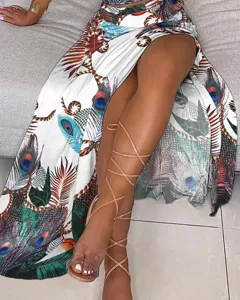 Bohemian peacock feather print midi dress set, summer slim fit style, elegant 2024 fashion.