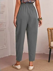 Women's casual solid grey cropped pants with elastic waist and cuffed hem for daily wear.