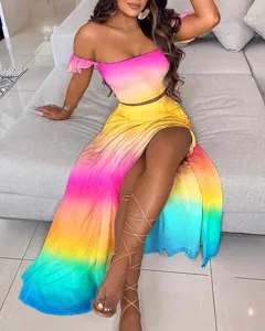 Gradient off shoulder crop top and split long skirt set, boho summer vacation outfit.