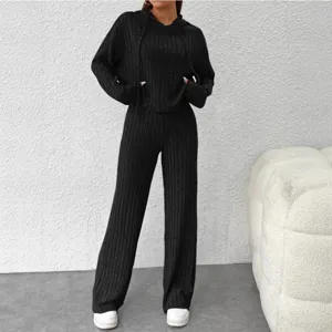 Ensemble deux pièces en tricot côtelé pour femme sweat à capuche et pantalon large