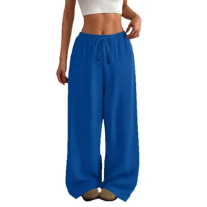 Donna colore unito largo strutturato vita coulisse gambe larghe pantaloni casual