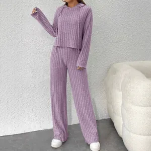 Ensemble deux pieces pull a capuche en tricot et pantalon large pour femme automne
