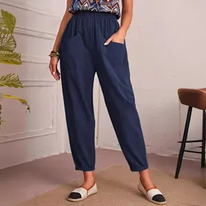 Women casual ankle pants elastic waist dark blue slanted pockets stylish everyday wear