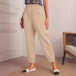 Women casual cropped trousers elastic waist solid color pockets slim fit daily wear