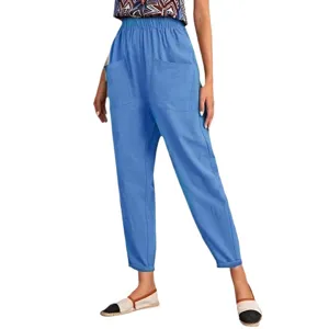 Women casual loose cotton linen trousers elastic high waist slant pockets cropped pants blue