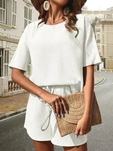 Women summer waffle knit short sleeve top and shorts set casual outfit fashion new 2024.