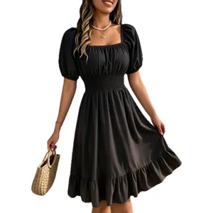 Black square neck short sleeve smocked waist ruffled a-line dress for women casual