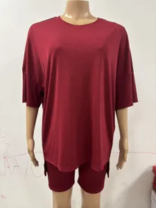 Detailed view of the casual solid color loose short sleeve pajama set in maroon for women.