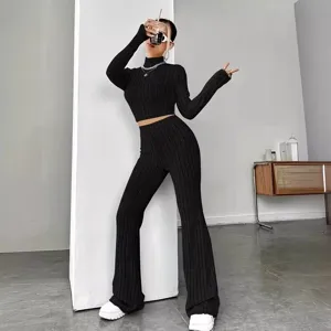 Stylish women black ribbed knit crop top and flared pants set long sleeve two piece outfit