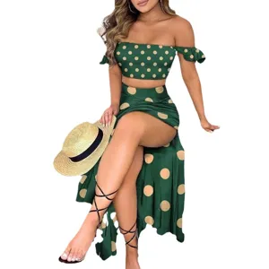 Summer women polka dot two piece set off shoulder crop top and high slit maxi skirt chic
