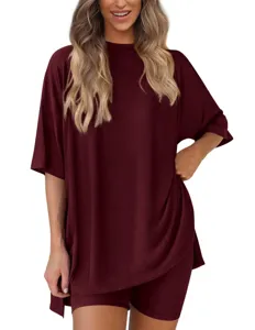 Burgundy ribbed knit short sleeve top and matching shorts lounge set detail showcase
