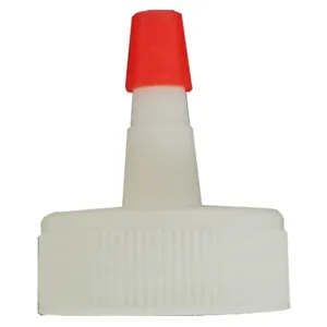 Tapa de botella de plástico con boquilla roja y base de rosca blanca antifugas para aceite.