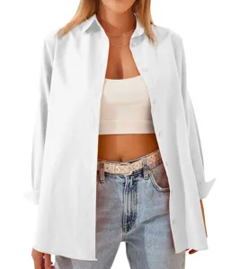 Camicia bianca ampia a maniche lunghe da donna moda autunno cardigan basic elegante