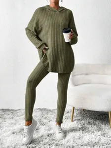 Casual Women Ribbed Hooded Long Sleeve Sweatshirt and Pants Lounge Set in Olive Green