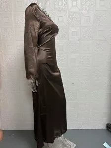 Elegant brown satin long sleeve maxi dress for women, casual chic loose waist design.