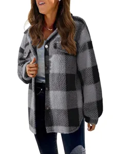 Women Plaid Fleece Shacket Winter Long Sleeve Button Down Pocket Fuzzy Jacket Coat