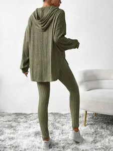 Women's Ribbed Knit Hooded Long Sleeve Top and Pants Lounge Set Casual Autumn Outfit