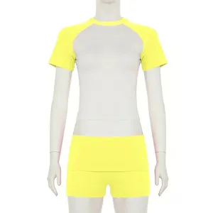 Raglan contrast short sleeve crop top and shorts athletic set detail view, casual wear.
