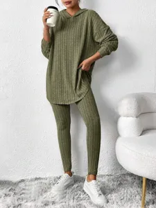 Women ribbed knit long sleeve hoodie and trousers casual loungewear two piece set