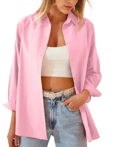 Camicia ampia a maniche lunghe con bottoni, top rosa confetto elegante dettagli donna.