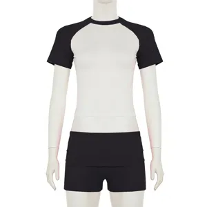 Casual raglan color block athletic set, short sleeve crop top and solid shorts for women.