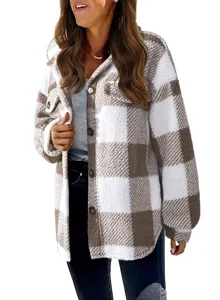Women fall winter plaid sherpa fleece jacket button down lapel long sleeve casual shacket