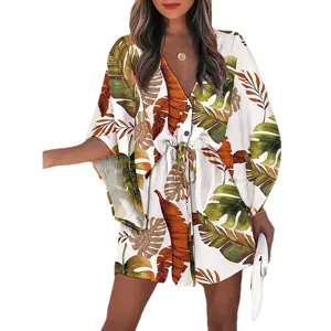 Women Summer V-Neck Tropical Print Beach Dress Casual Loose Drawstring Cover-Up Outfit