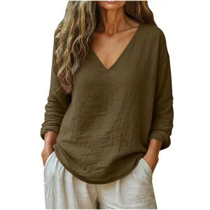 Femme Manches Longues Col V Ample Haut Casual Printemps Été Mode Couleurunie Blouse