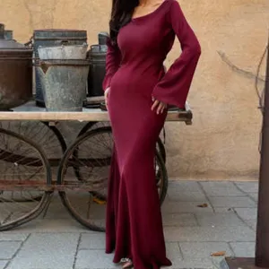 Burgundy long sleeve maxi dress women casual elegant slim fit round neck vintage dress