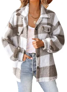 Closeup detail of brown white plaid sherpa fleece jacket with button closure and chest pockets.