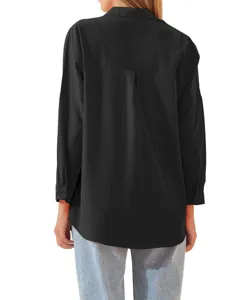 Camicia nera oversize a maniche lunghe da donna, top casual elegante con bottoni.
