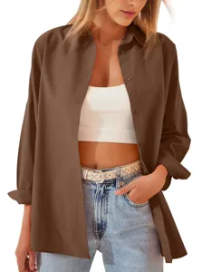 Dettaglio camicia oversize marrone a manica lunga, top casual alla moda per donna.