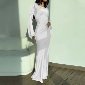 Women elegant long sleeve white maxi dress casual loose fit stylish design apparel.