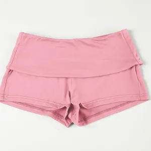 Pink fold-over athletic fitness yoga shorts for women casual workout sportswear bottom.