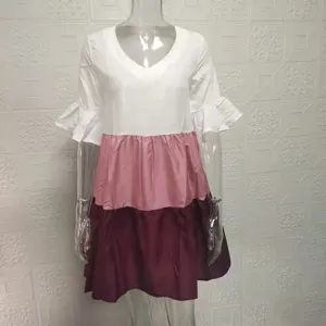 Women V-neck color-block tiered dress with flare sleeves, chic and elegant midi dress style.