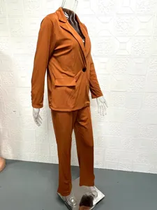 Detail shot of elegant brown women long sleeve blazer and casual pants suit, solid daily wear