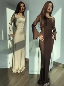 Women's Elegant Long Sleeve Solid Color Slim Fit Maxi Dress High Waist Tie Waist Satin Formal Dress