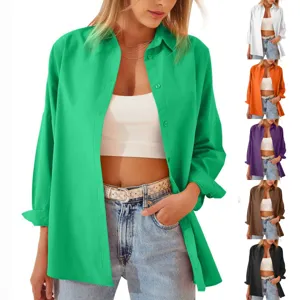 Camicia Cardigan Bottonata a Manica Lunga Casual da Donna Tinta Unita Vestibilità Larga Colletto Voltato Blusa in Cotone