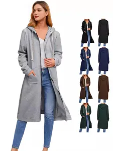 Women's Casual Long Hooded Zipper Sweatshirt Coat Loose Solid Color Cotton Blend Autumn Winter Outerwear Jacket
