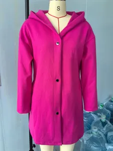 Solid color casual hooded jacket for women, stylish bright pink coat with front buttons.