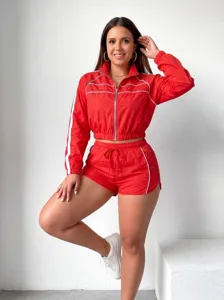 Women red contrast piping long sleeve zip up jacket shorts active two piece set outfit.