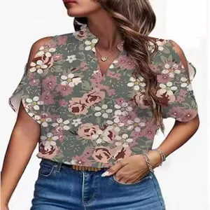 Donna camicetta stampa floreale spalla scoperta scollo V manica corta elegante top estivo.