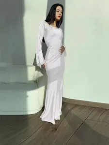 Elegant white long sleeve satin maxi dress for women, casual slim fit evening wear.