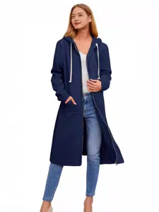 Women long zip up hoodie casual loose winter outerwear with pockets navy blue main view